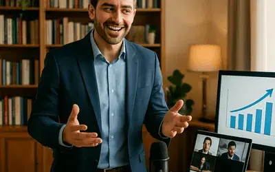 Mężczyzna występujący online z prezentacją wyników